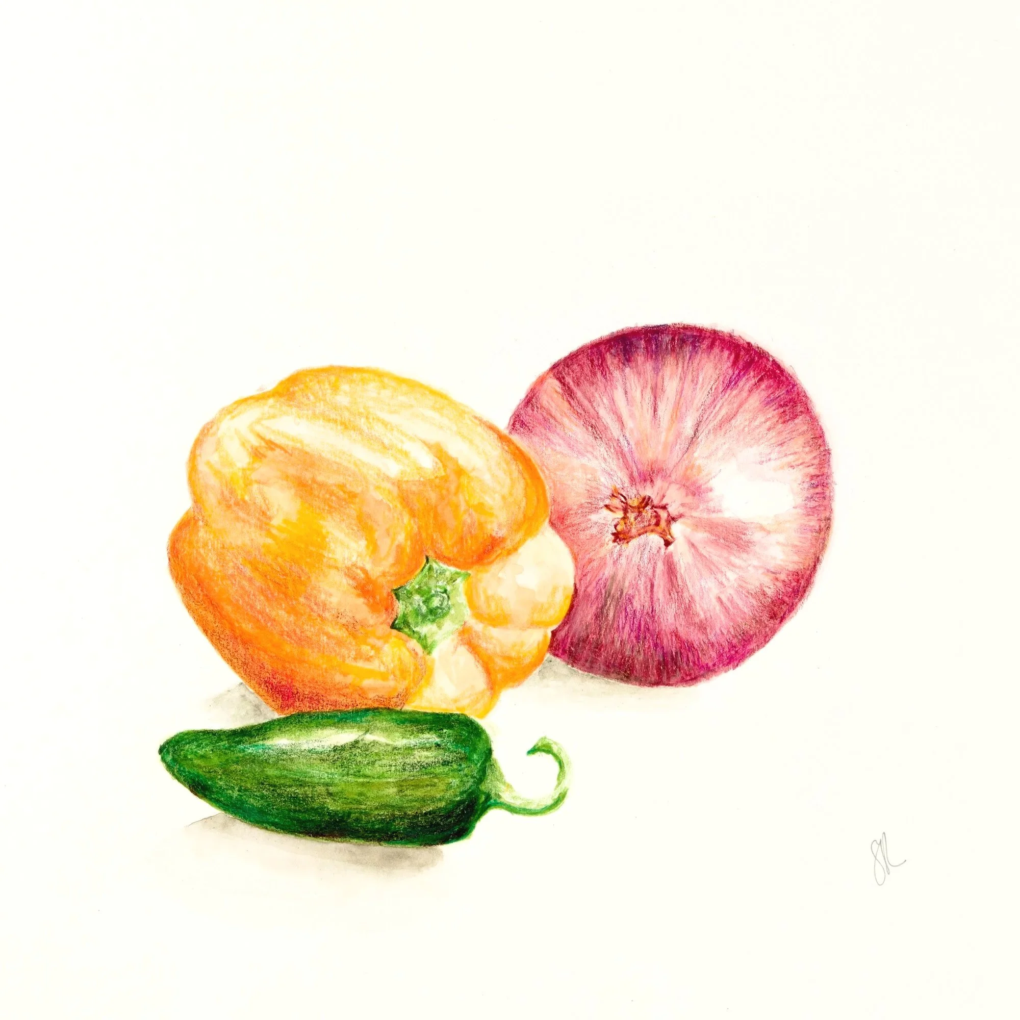 Colored pencil drawing of a orange bell pepper, a red onion, and a green jalapeño pepper on a white background.