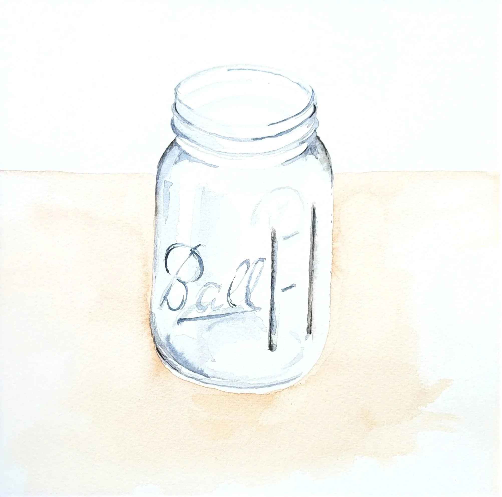 Watercolor illustration of a clear glass mason jar with the word 'Ball' on the front, placed on a light-colored surface.
