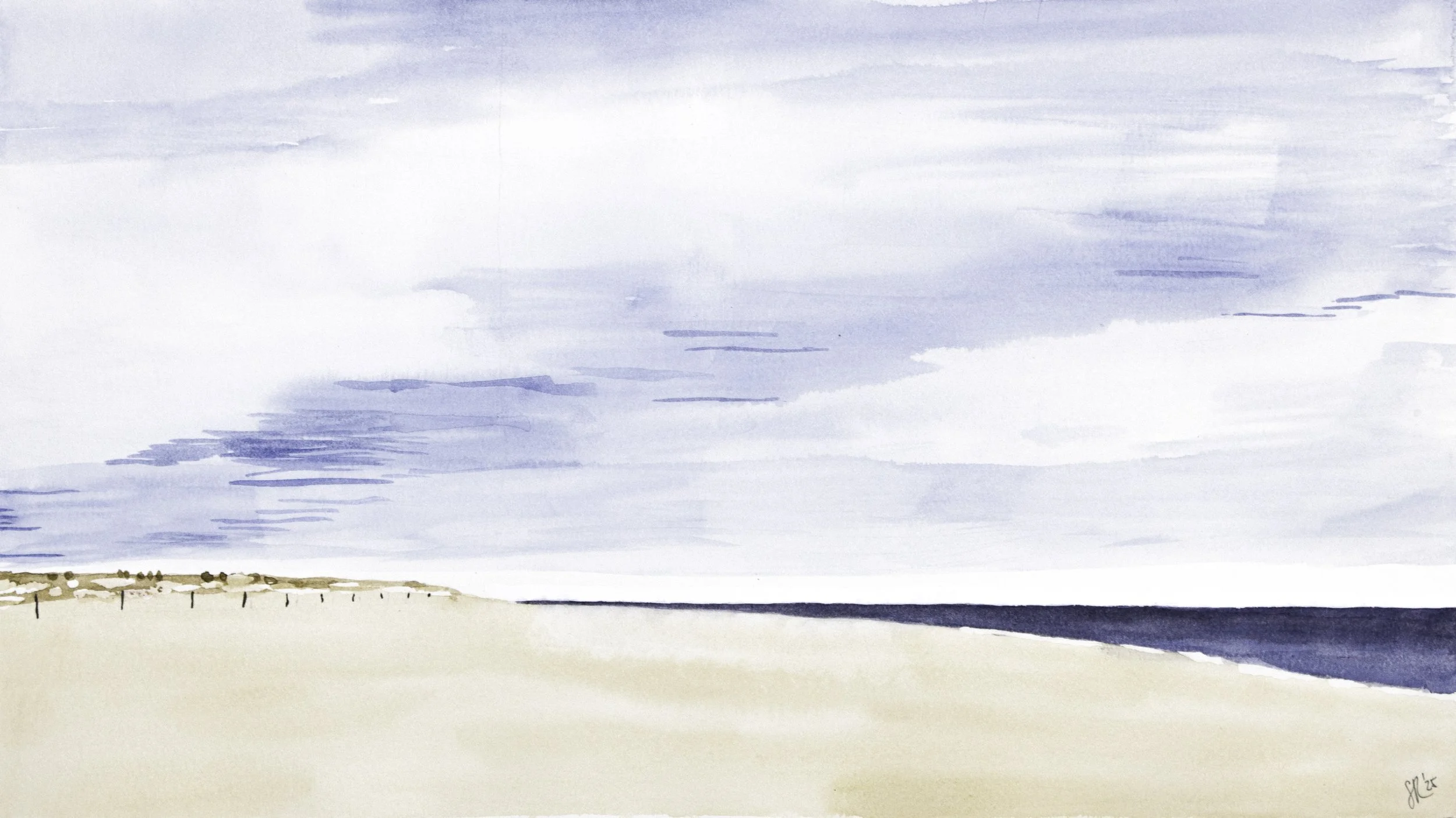 Watercolor painting of a beach with beige sand, calm blue ocean, and cloudy sky.