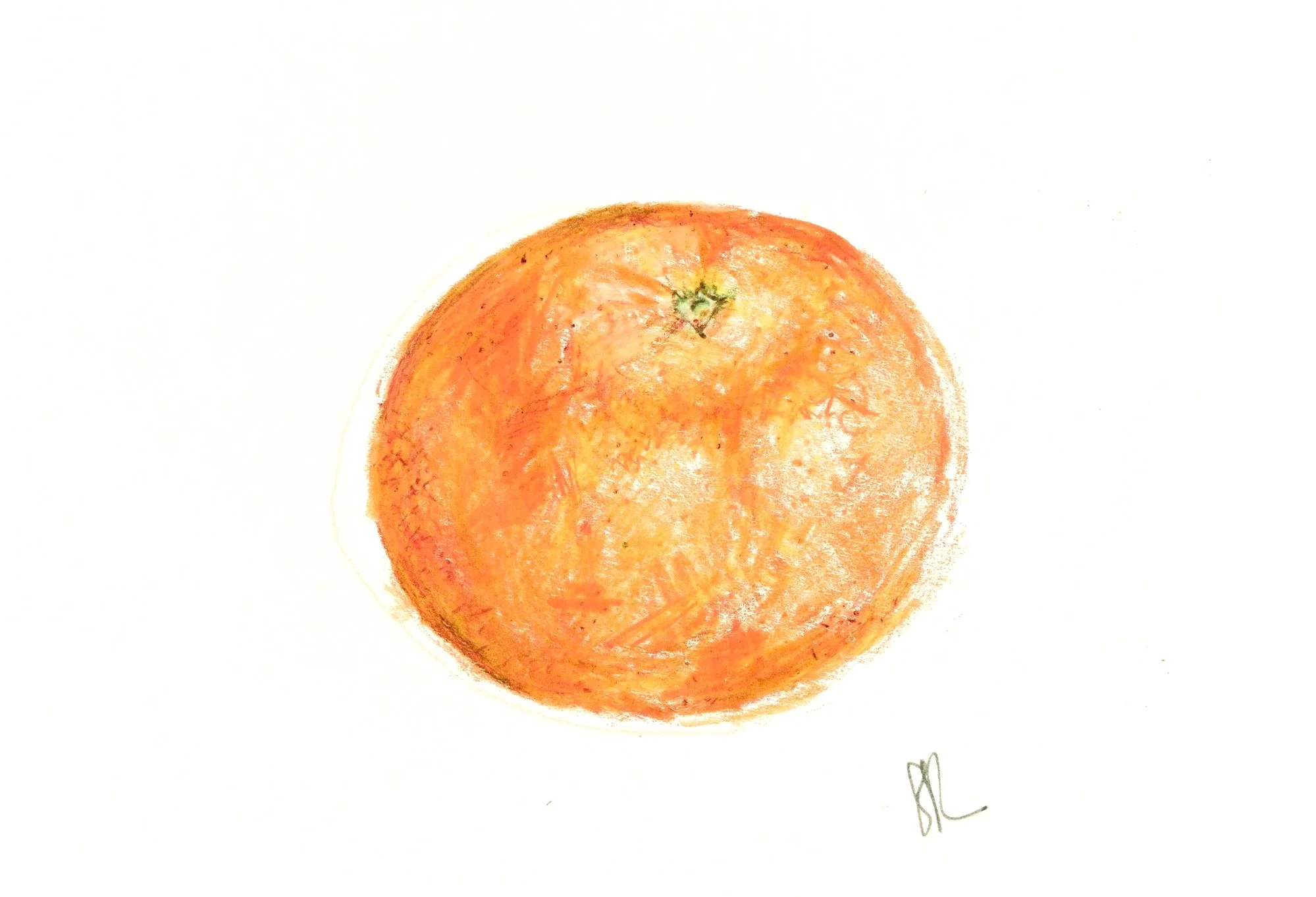 A watercolor painting of an orange, round clementine on a white background, with a signature at the bottom right corner.