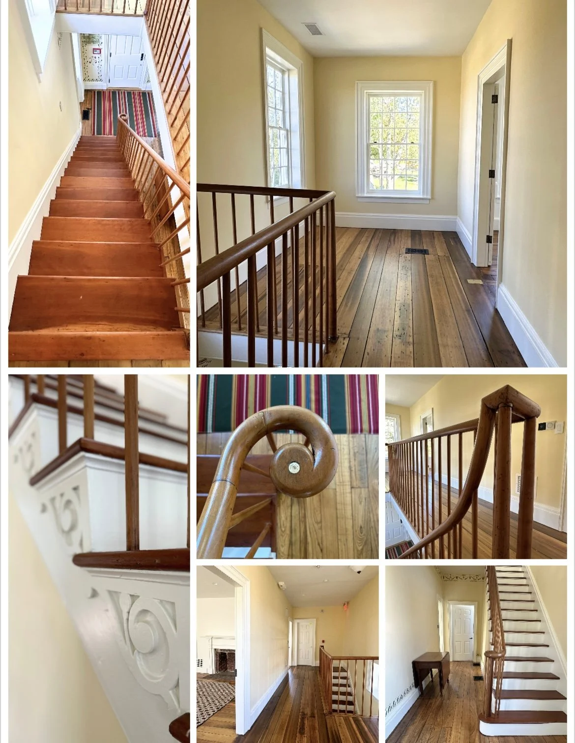 Collage of a wooden staircase with detailed railings and banister in a bright interior with soft yellow walls and hardwood floors.