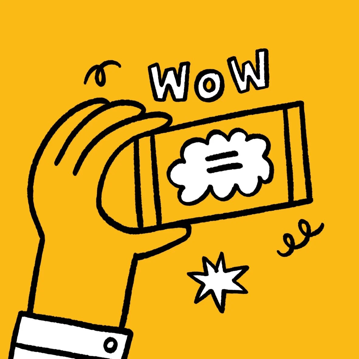 A cute cartoon brain inside of a human's head with a smiling face, waving his arms in the air, full of illustrated ideas. 