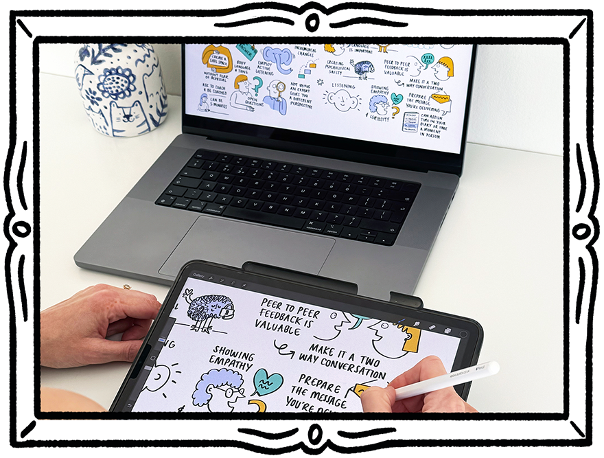 Illustration of a globe in the middle, with an ipad coming out one side and a screen coming out the other, to represent the global, virtual possibility of online events. 