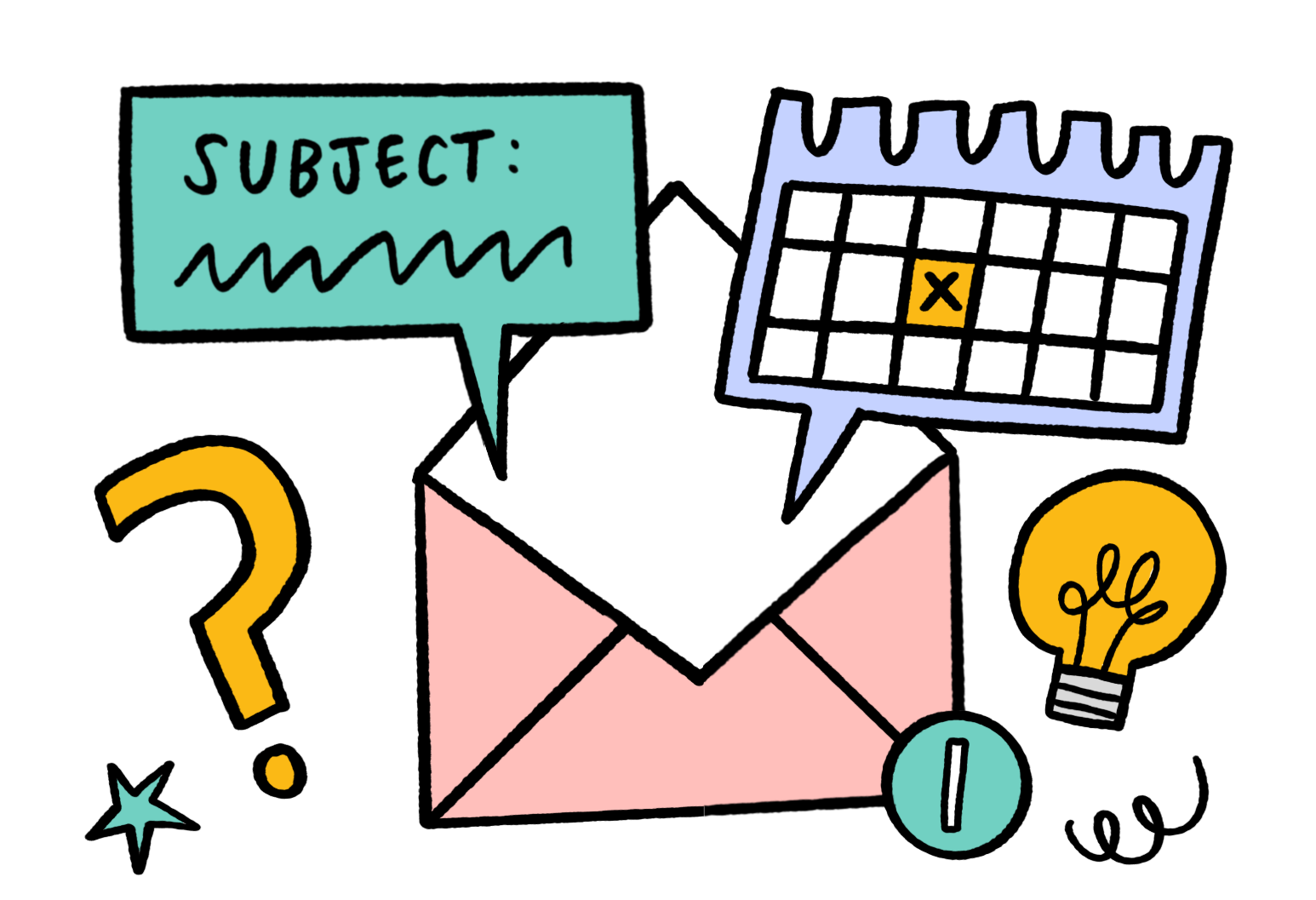 Colorful illustration of an email envelope with icons and symbols around it, including a speech bubble labeled 'SUBJECT', a question mark, a light bulb, and notification symbols