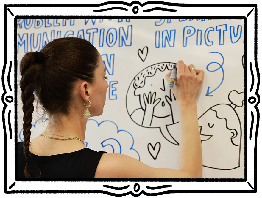 A girl drawing on a whiteboard using a pencil, with colorful letters spelling 'LEARNING', a book, a magnifying glass, a light bulb, and a bug on the book, with stars around.