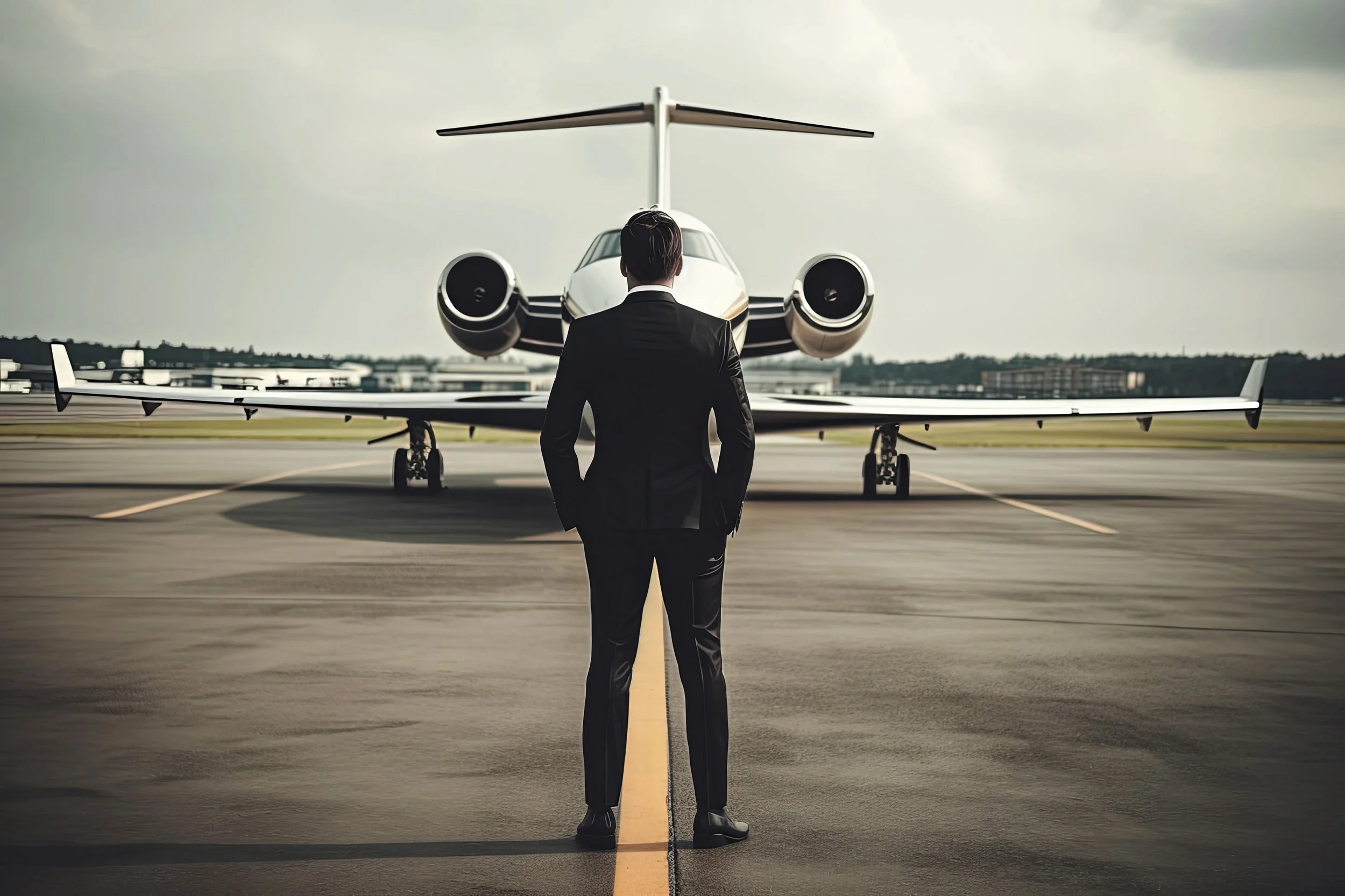 A man in a black suit stands on an airport runway facing a parked private jet.