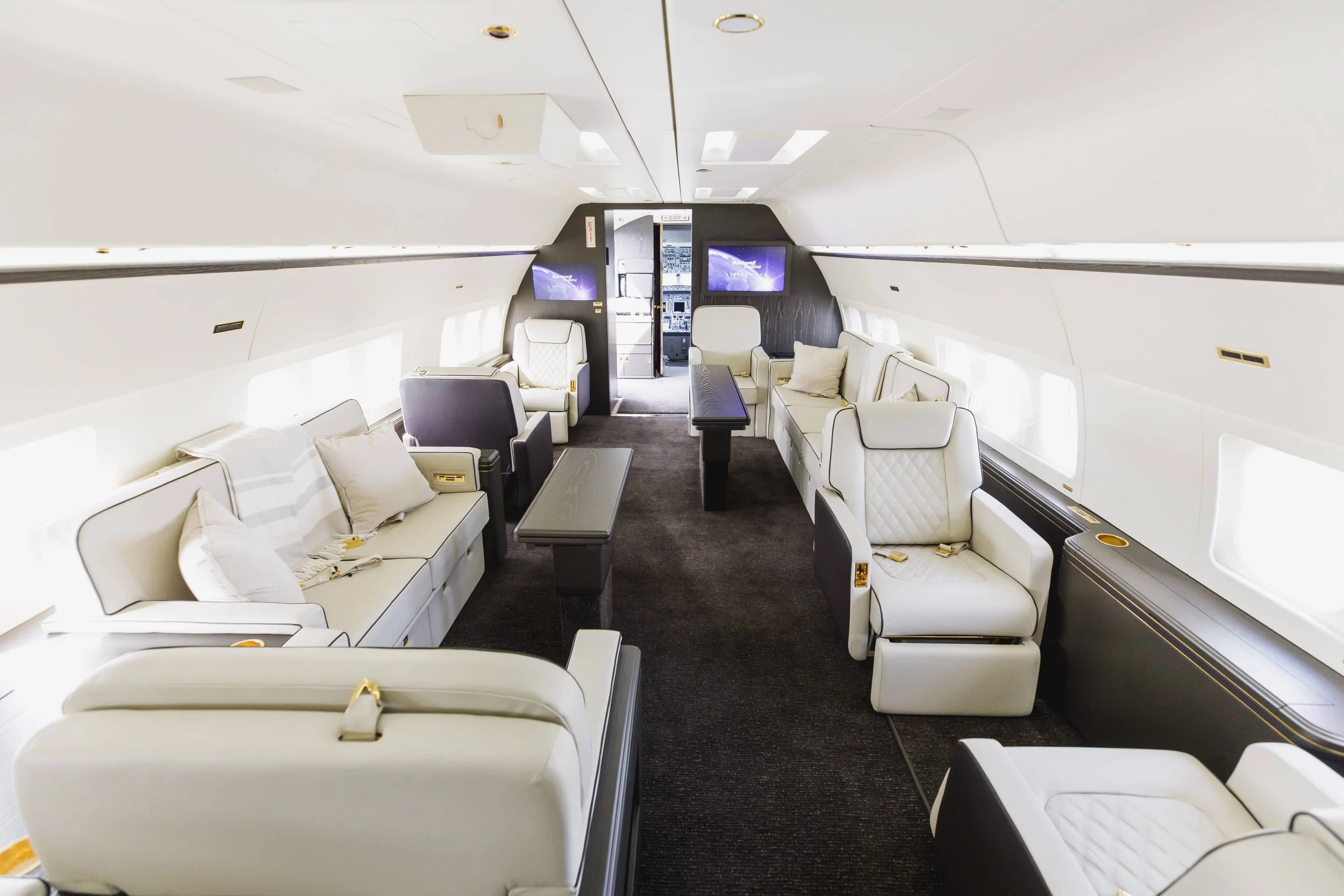 Interior of a luxury airplane with white leather seats, pillows, black tables, and two screens on the wall, with windows along the sides and two doors at the back.