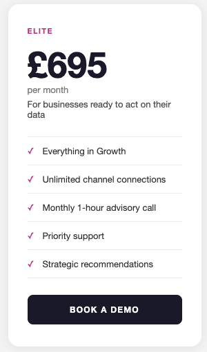 Pricing and features for a business plan at £695 per month, including growth, channel connections, advisory call, support, and recommendations.