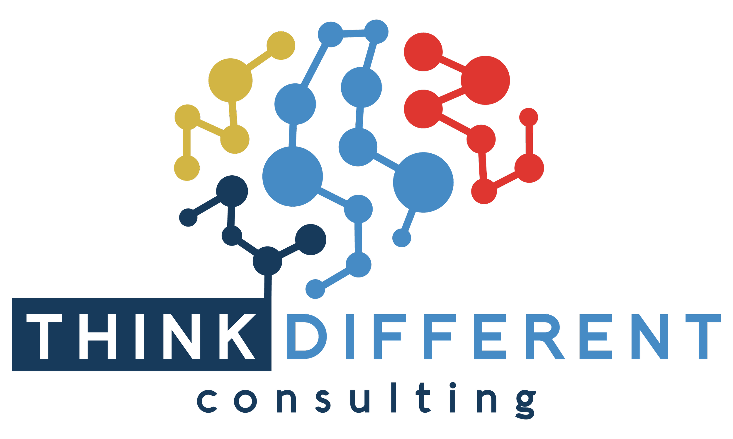 Logo with a graphic of a colorful molecular structure and the text 'Think Different Consulting'