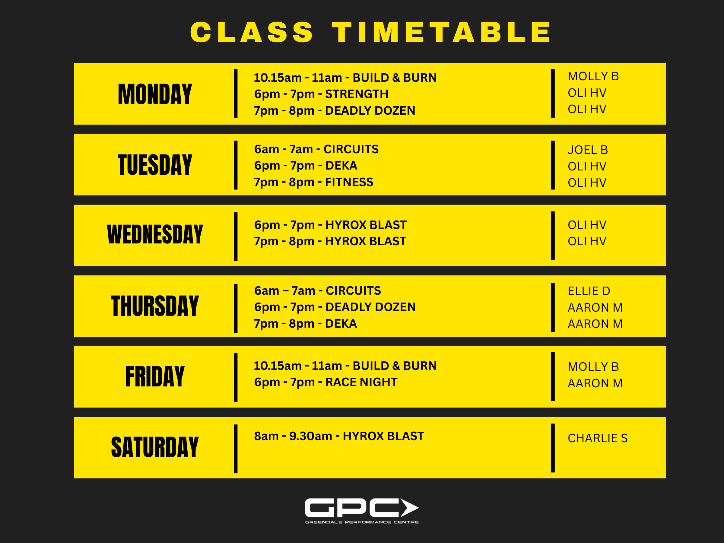 Class timetable displayed with yellow and black colors, listing weekly workout classes at Greendale Performance Centre, including class times, names, and instructors for each day from Monday to Saturday.