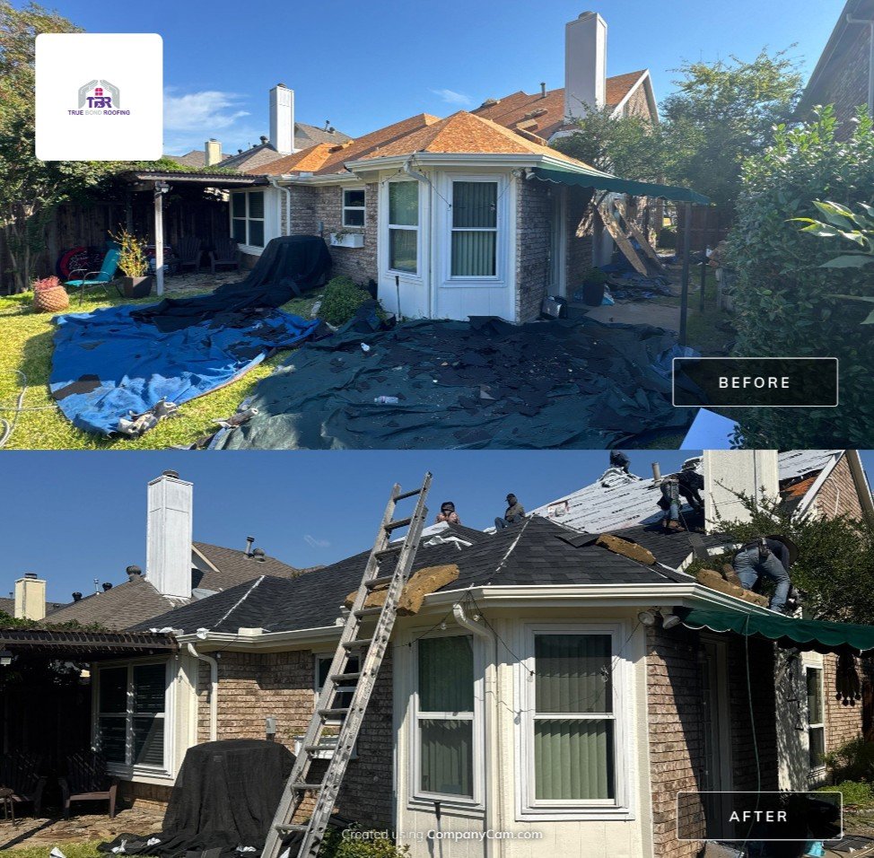 Before-and-after residential roof replacement project in Coppell, TX by True Bond Roofing.