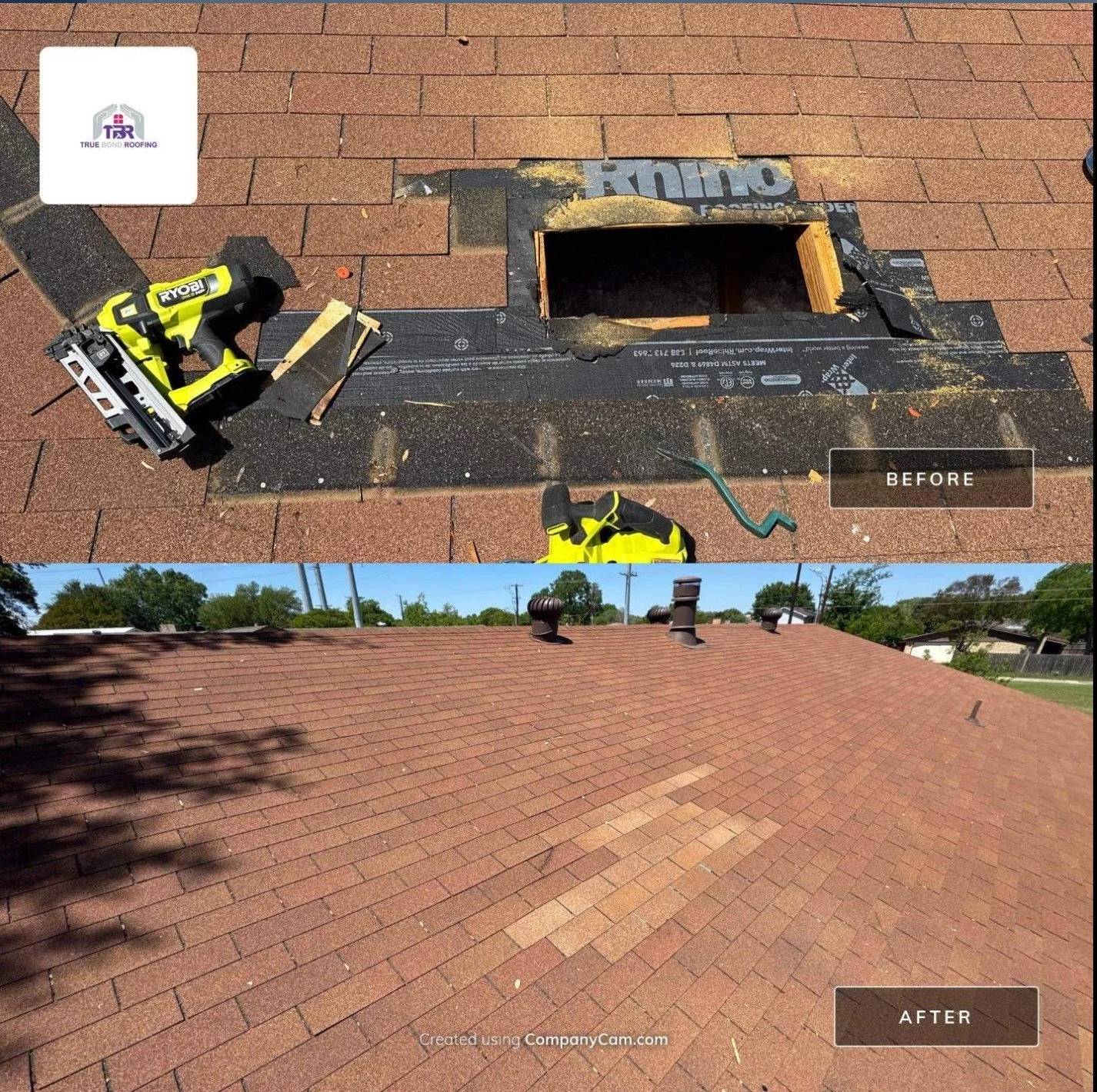Before and after roof repair completed by True Bond Roofing in Garland, TX