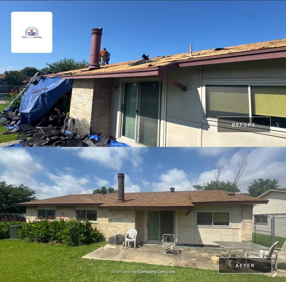 Before-and-after residential roof replacement completed by True Bond Roofing in Grand Prairie, TX.