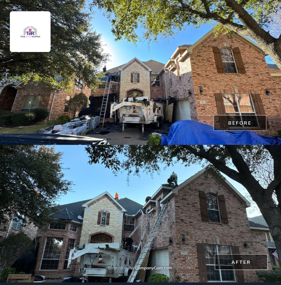 Before-and-after residential roof replacement by True Bond Roofing in Euless, TX.