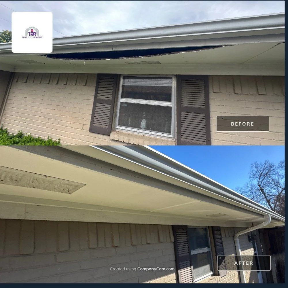 Before and after fascia repair completed by True Bond Roofing in Irving, TX