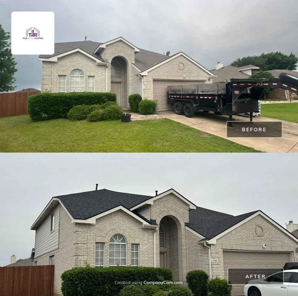 Before and after residential roof replacement completed by True Bond Roofing