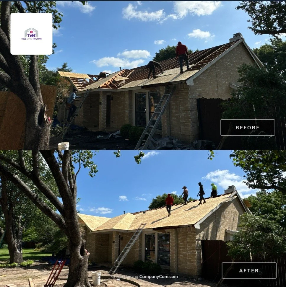 Before-and-after roof decking replacement by True Bond Roofing in Coppell, TX.