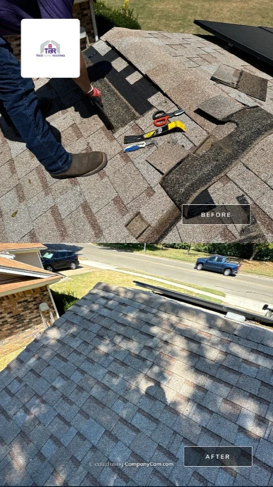 Before-and-after roof shingle repair completed by True Bond Roofing in Euless, TX.
