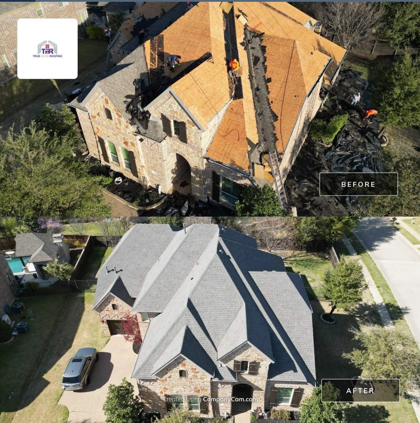 Aerial before-and-after photos of a residential roof replacement completed by True Bond Roofing in the Dallas-Fort Worth area, showing the roof installation process and finished gray shingle roof.