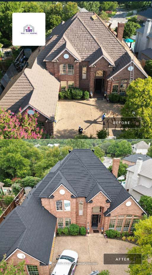 Before and after roof replacement on a two-story brick home in Arlington, TX, completed by True Bond Roofing.