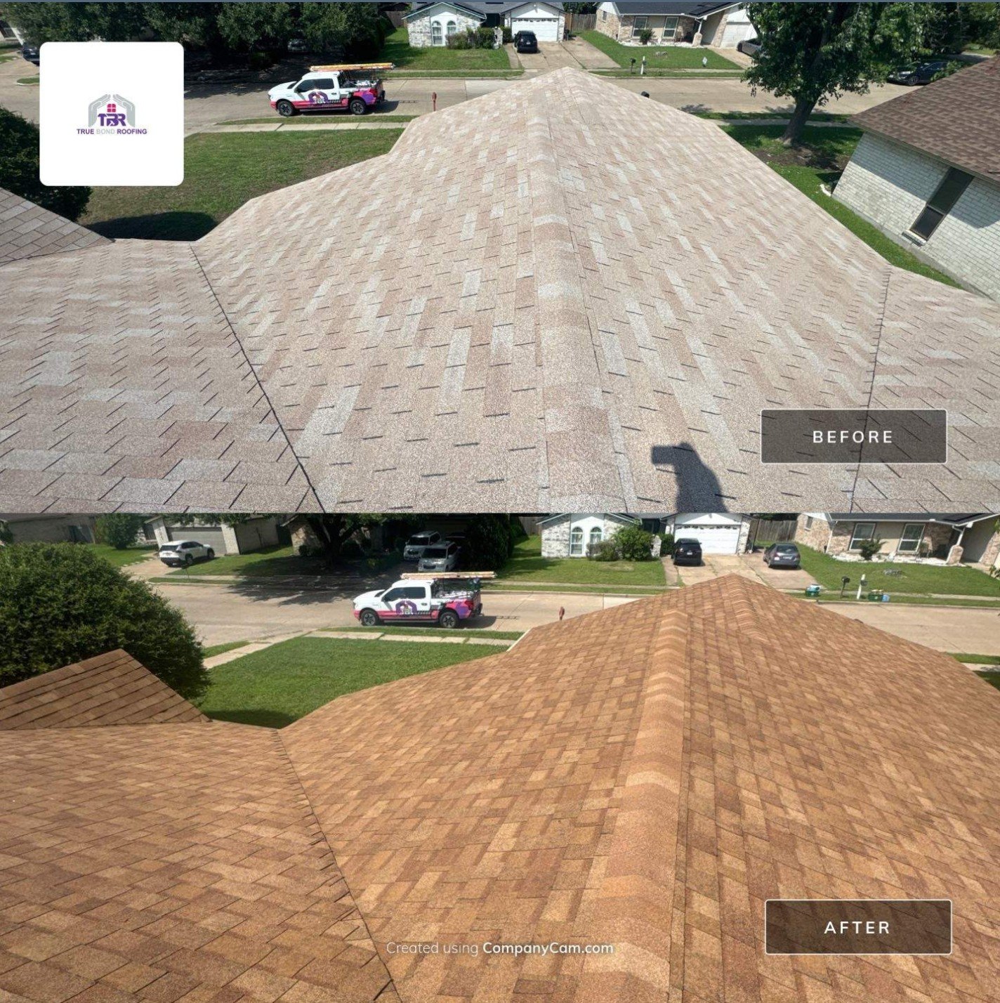 Before and after roof replacement completed by True Bond Roofing in Grand Prairie, TX