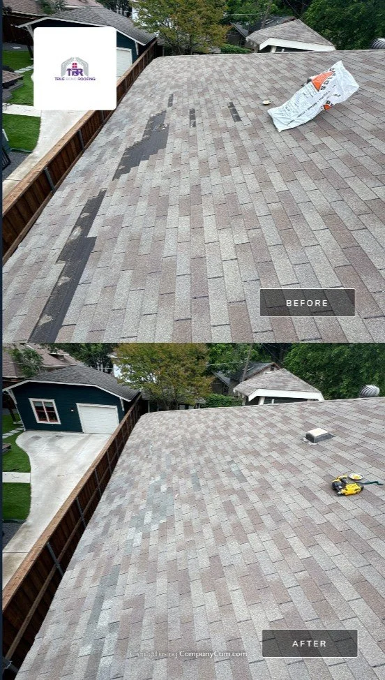 Before-and-after roof repair completed by True Bond Roofing in Dallas, TX.