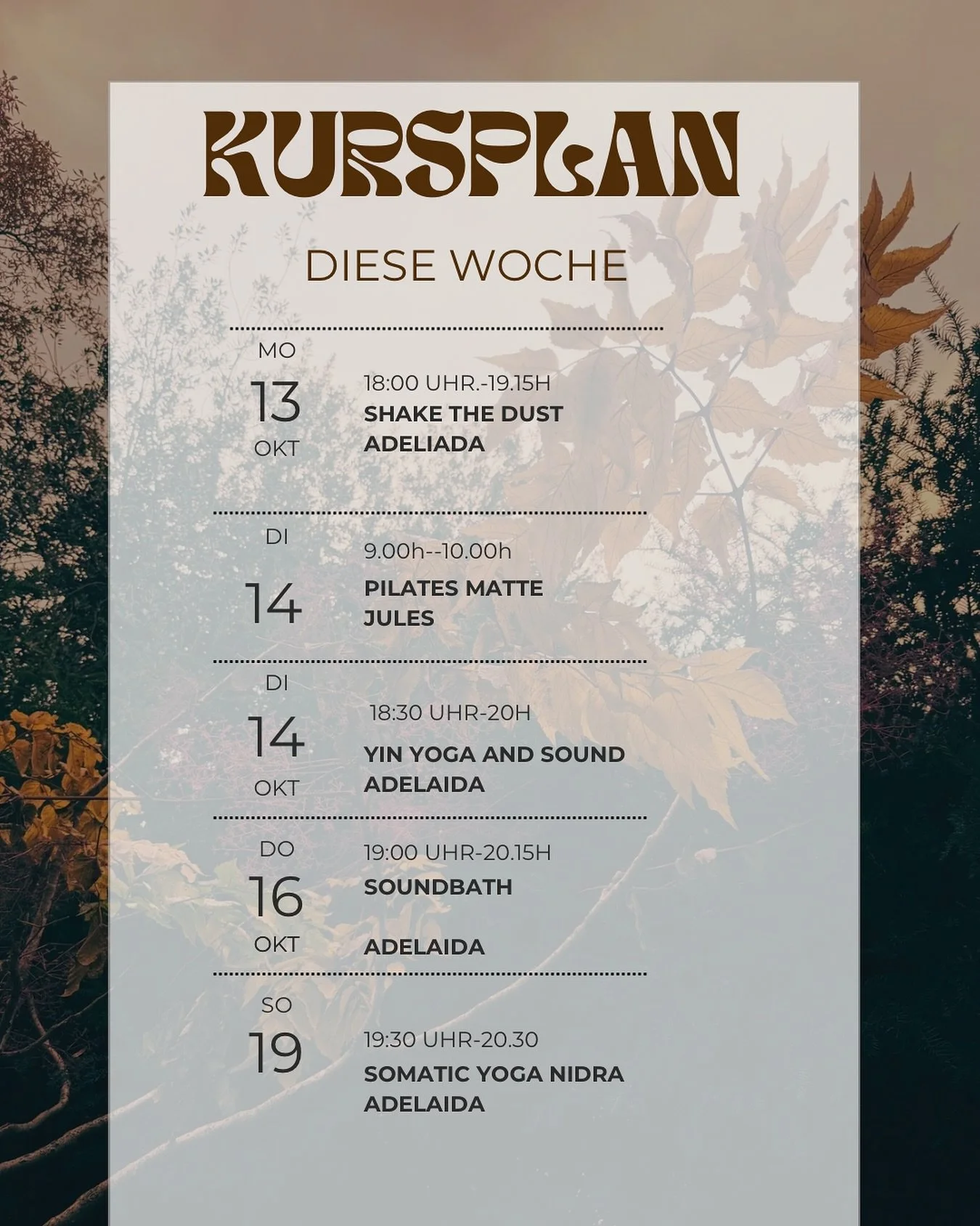 Kursplan diese Woche.. wir freuen uns auf Euch 🍁
Wir machen es uns ganz gem&uuml;tlich und lassen durch Bewegung W&ouml;rme und Geborgenheit entstehen .. 
.
.
Meet you in the space