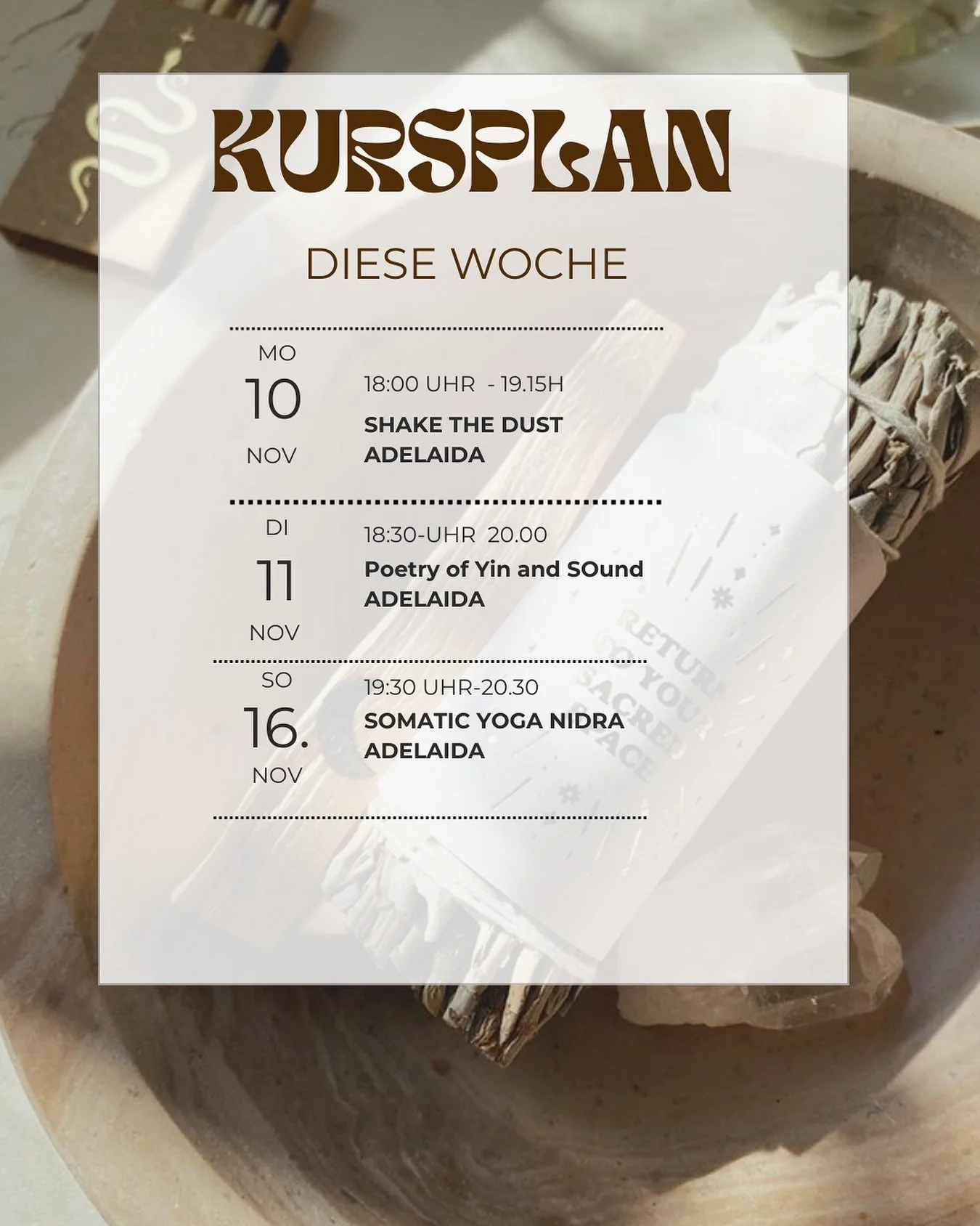 Kursangebot diese Woche ..ACHTUNG
Einige Kurse fallen diese Woche aus weil eine Ausbildung stattfindet ab Donnerstag .. ab kommender Woche alle Kurse wieder wie gewohnt .. wir freuen uns auf Euch 💫