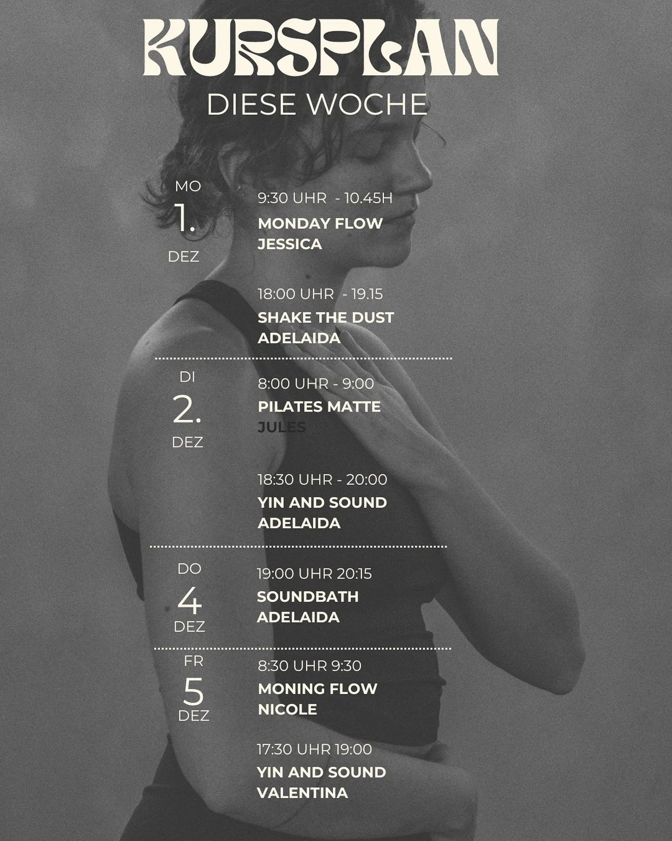 Diese Woche Kursplan !!! Wir freuen uns auf Euch .. vielleicht ist es jetzt genau die richtige Zeit noch mal ganz bei Dir anzukommen jetzt wo &uuml;berall das Tempo anzieht 🎄🎅🏾