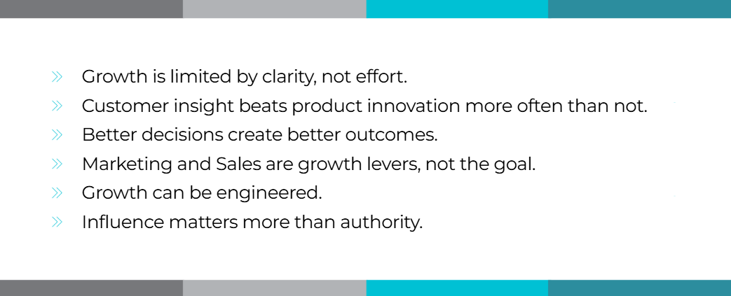 Slide with six bullet points discussing growth and decision making in a business context.