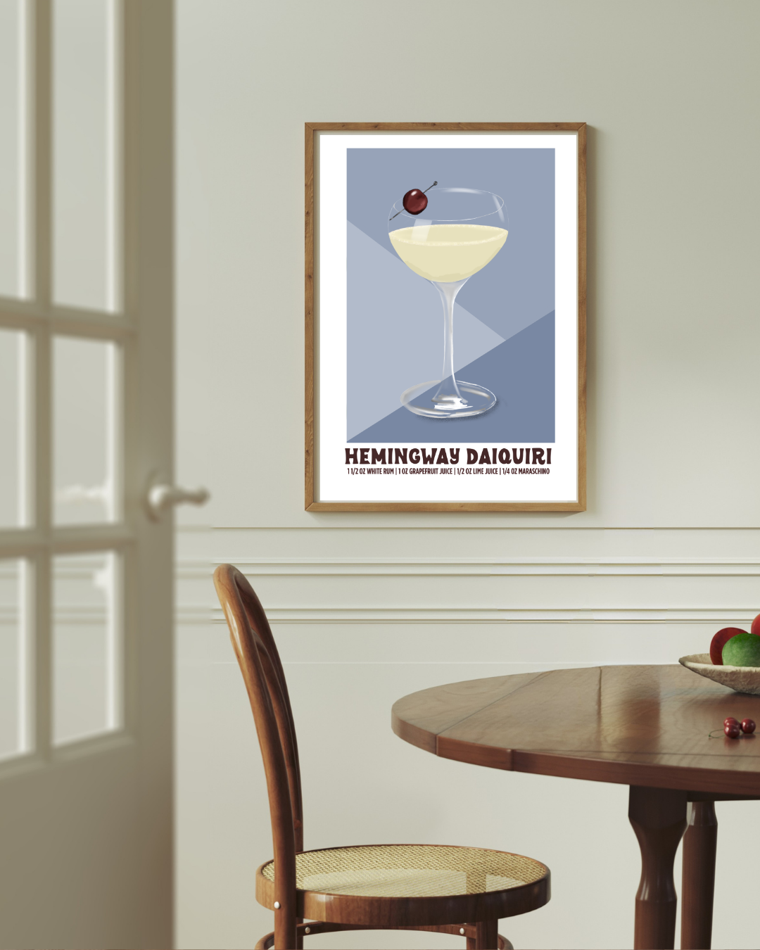 Hemingway Daiquiri cocktail art print styled above a dining room table