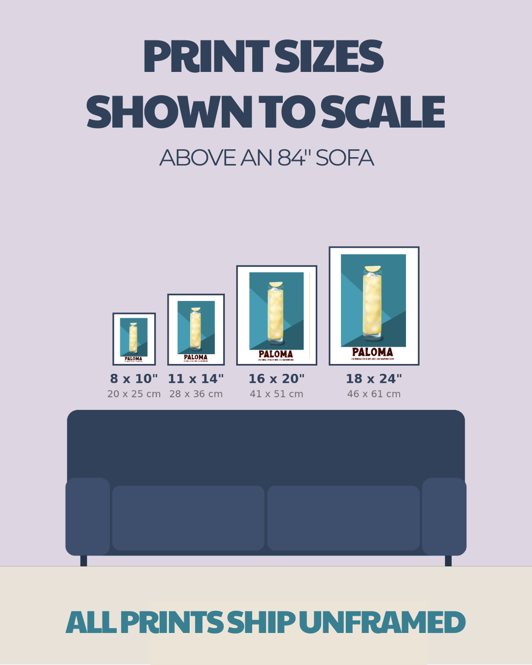 Size comparison chart for cocktail prints: 8x10, 11x14, 16x20, 18x24