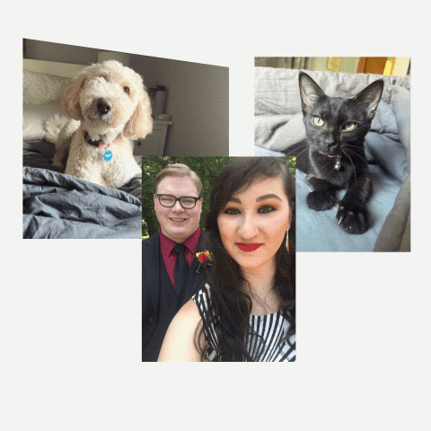 Collage of a dog, a couple, and a cat. The dog, a fluffy light-colored breed, is sitting on a bed. The couple is dressed formally; the man in a dark suit with a red tie and the woman in a striped dress. The black cat is resting on a blanket.