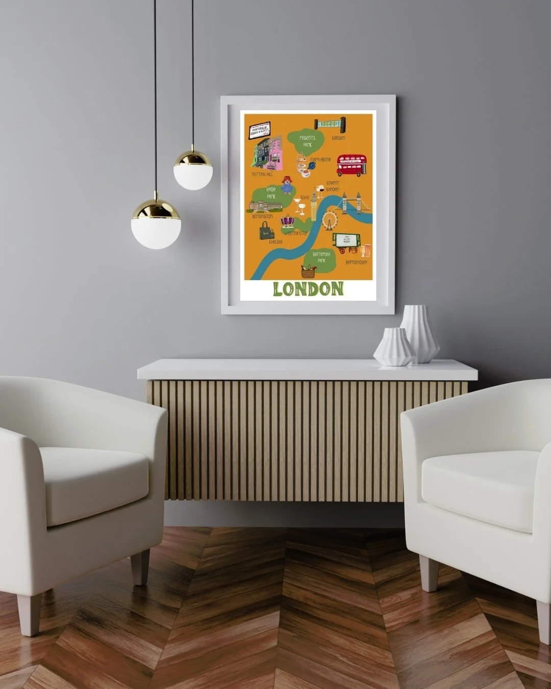 London map print framed in a modern living room
