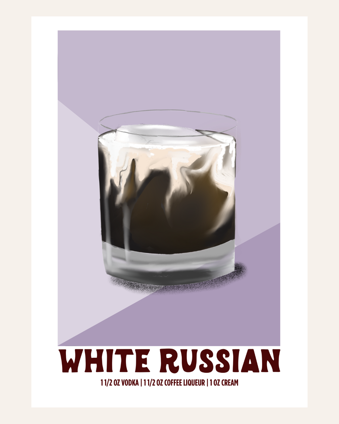 White Russian cocktail poster illustration with recipe, purple background