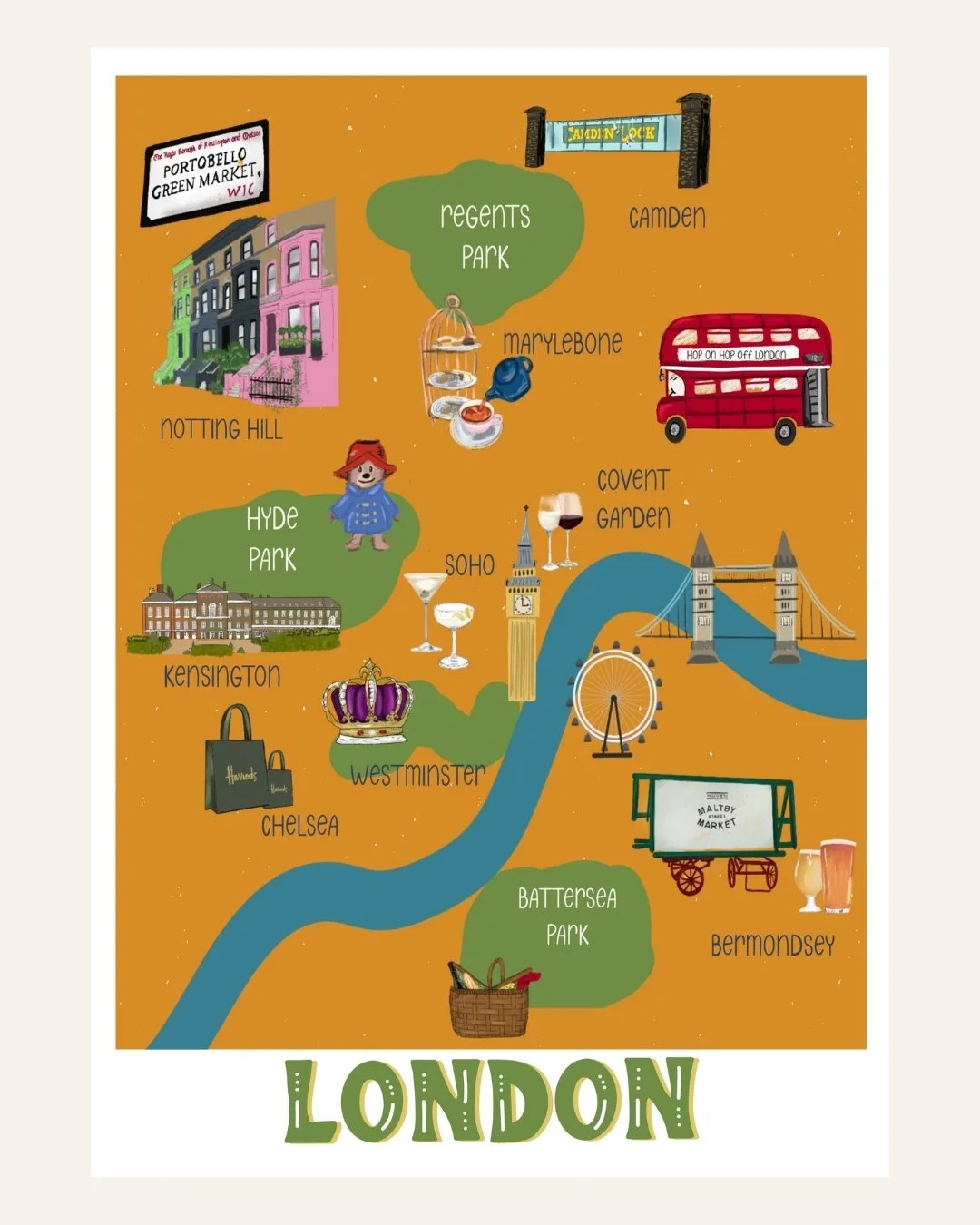 London illustrated city map art print, unframed