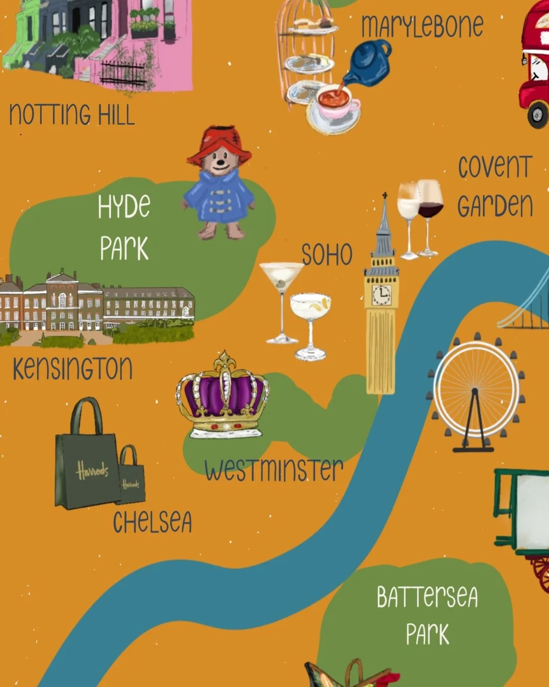 Close-up detail of hand-illustrated London map print
