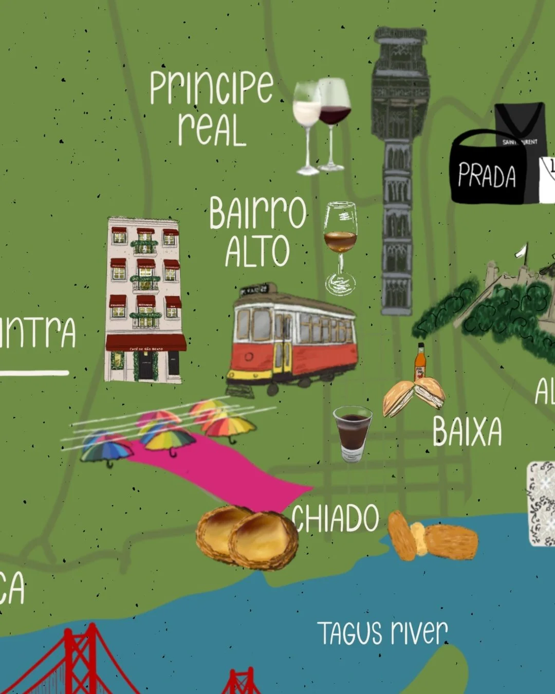 Close-up detail of hand-illustrated Lisbon map print