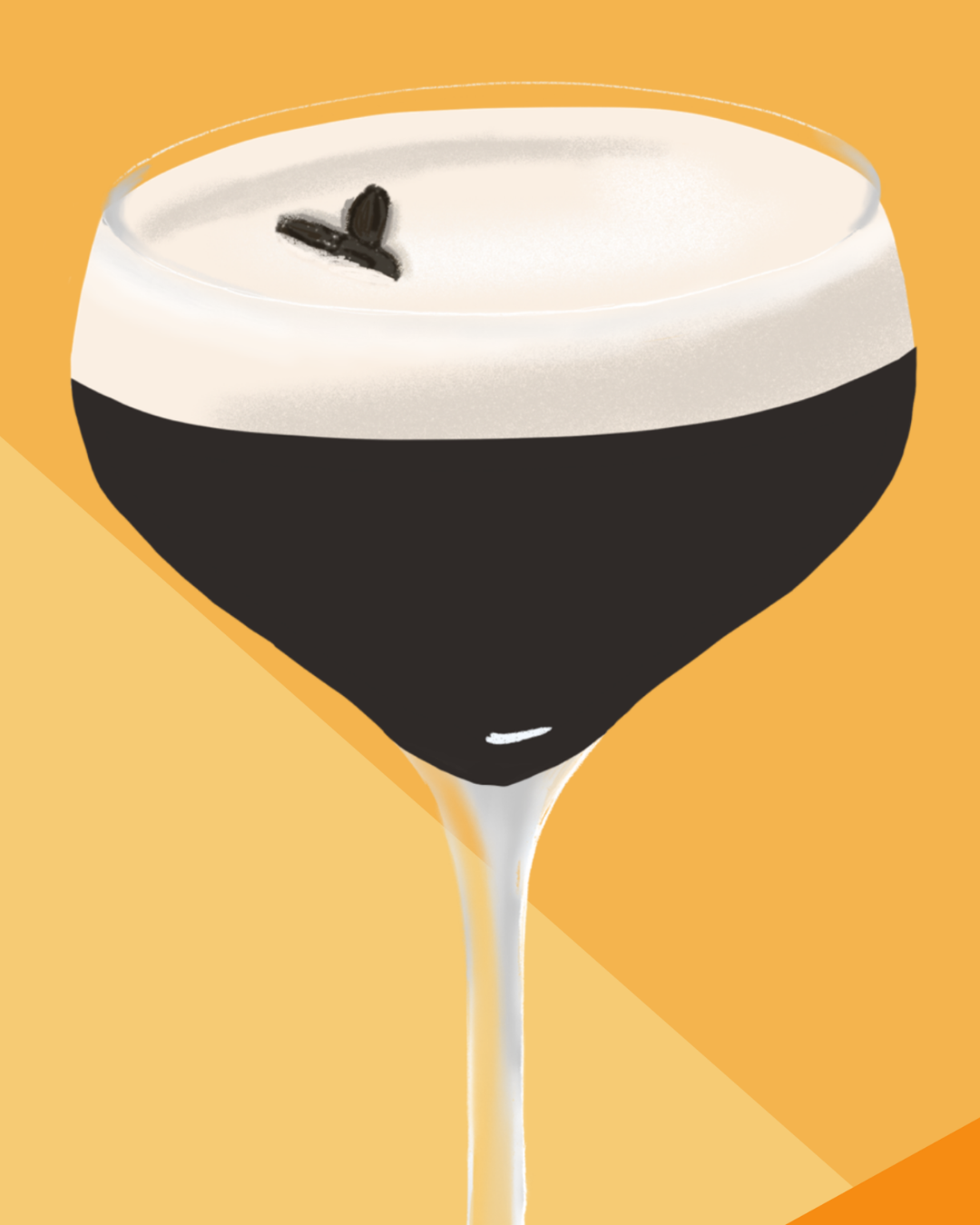 Close-up detail of the hand-illustrated Espresso Martini glass and coffee bean garnish