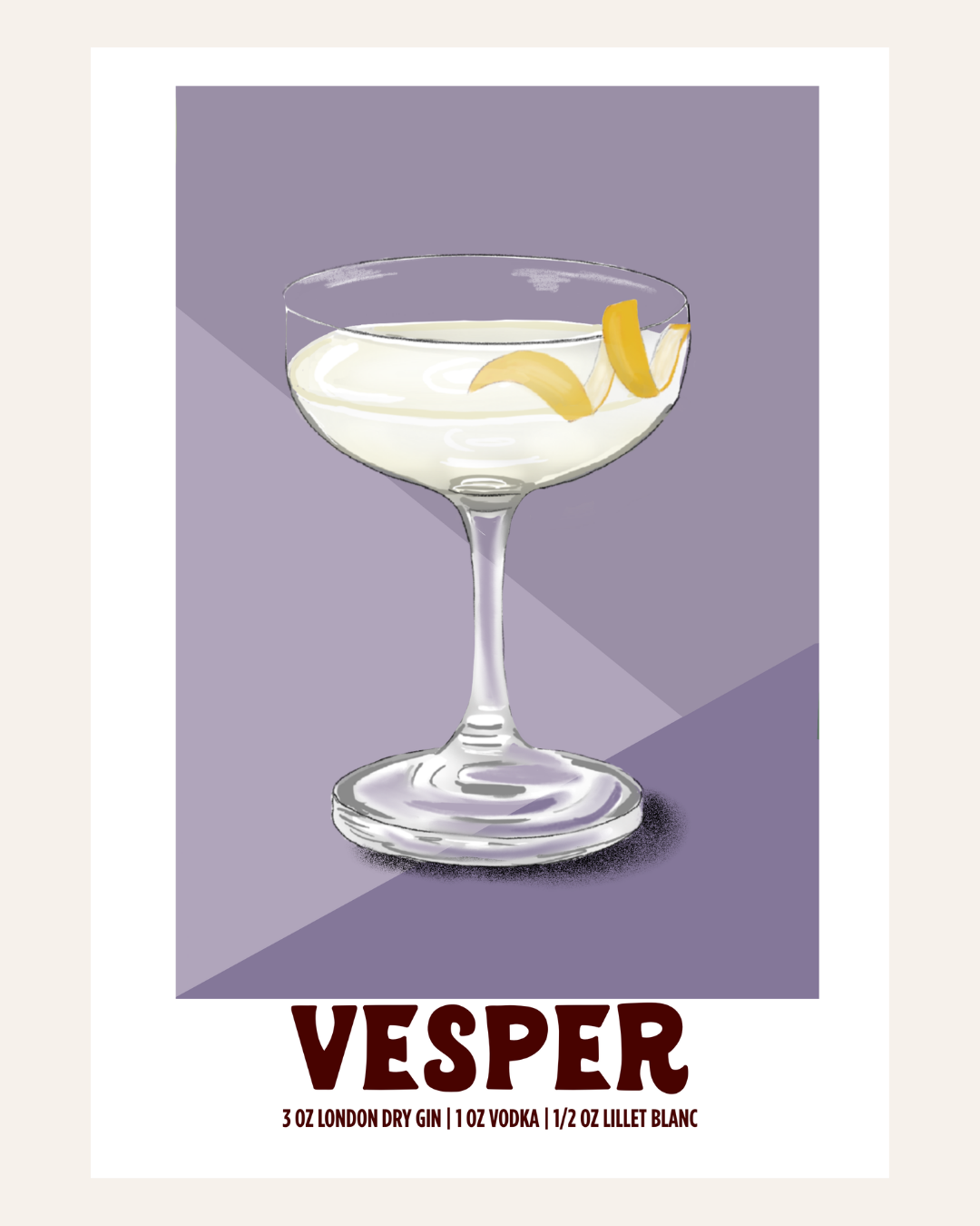 Vesper cocktail poster illustration with recipe, purple background