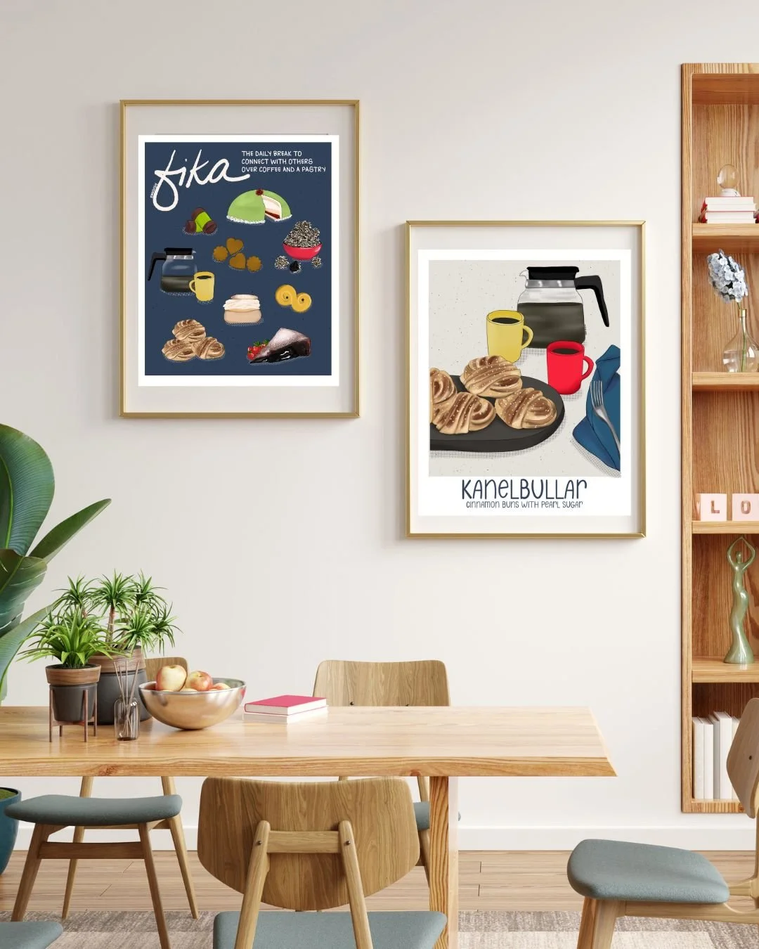 Dining room wall with framed Swedish fika print and Kanelbullar print