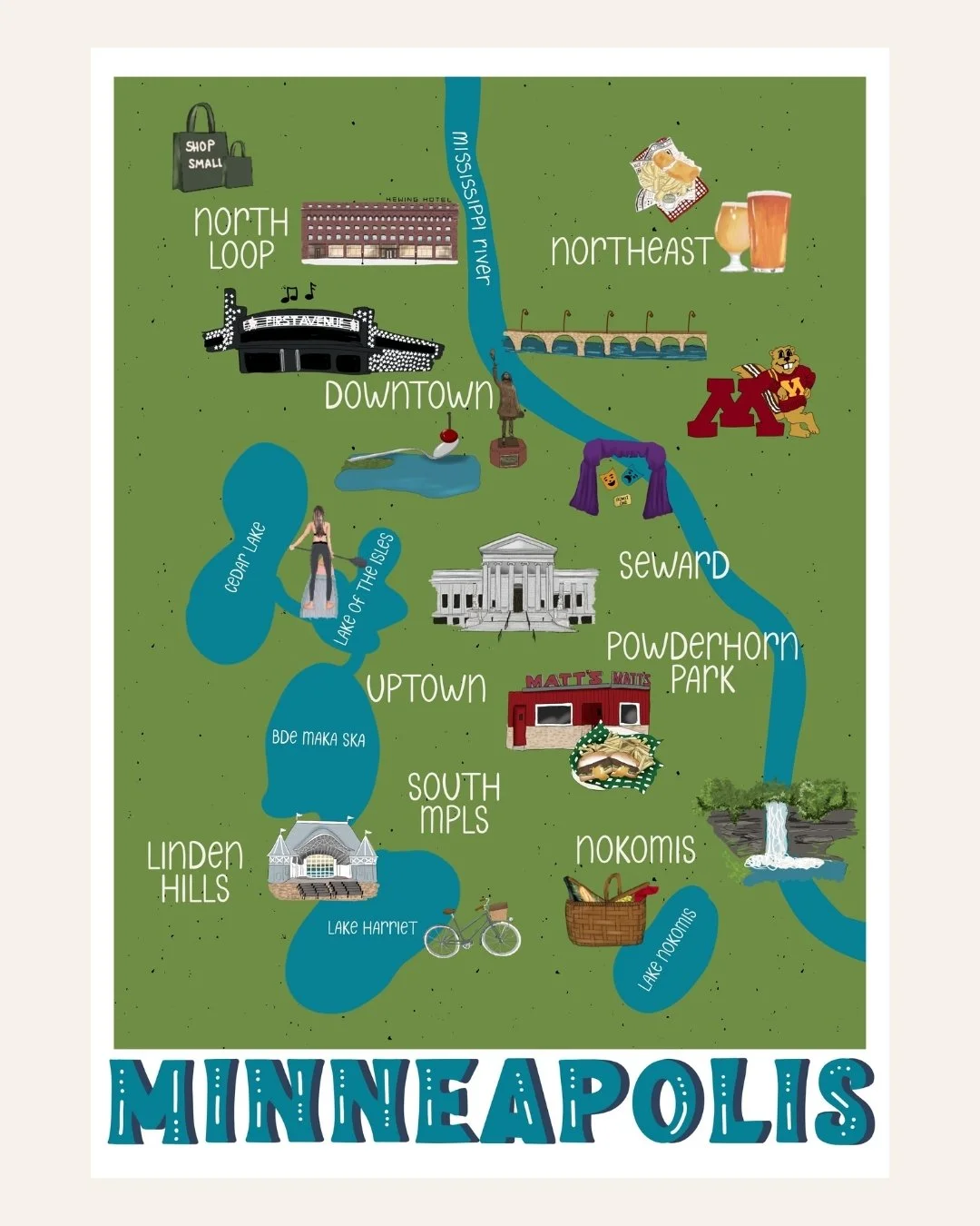 Minneapolis illustrated city map art print, unframed