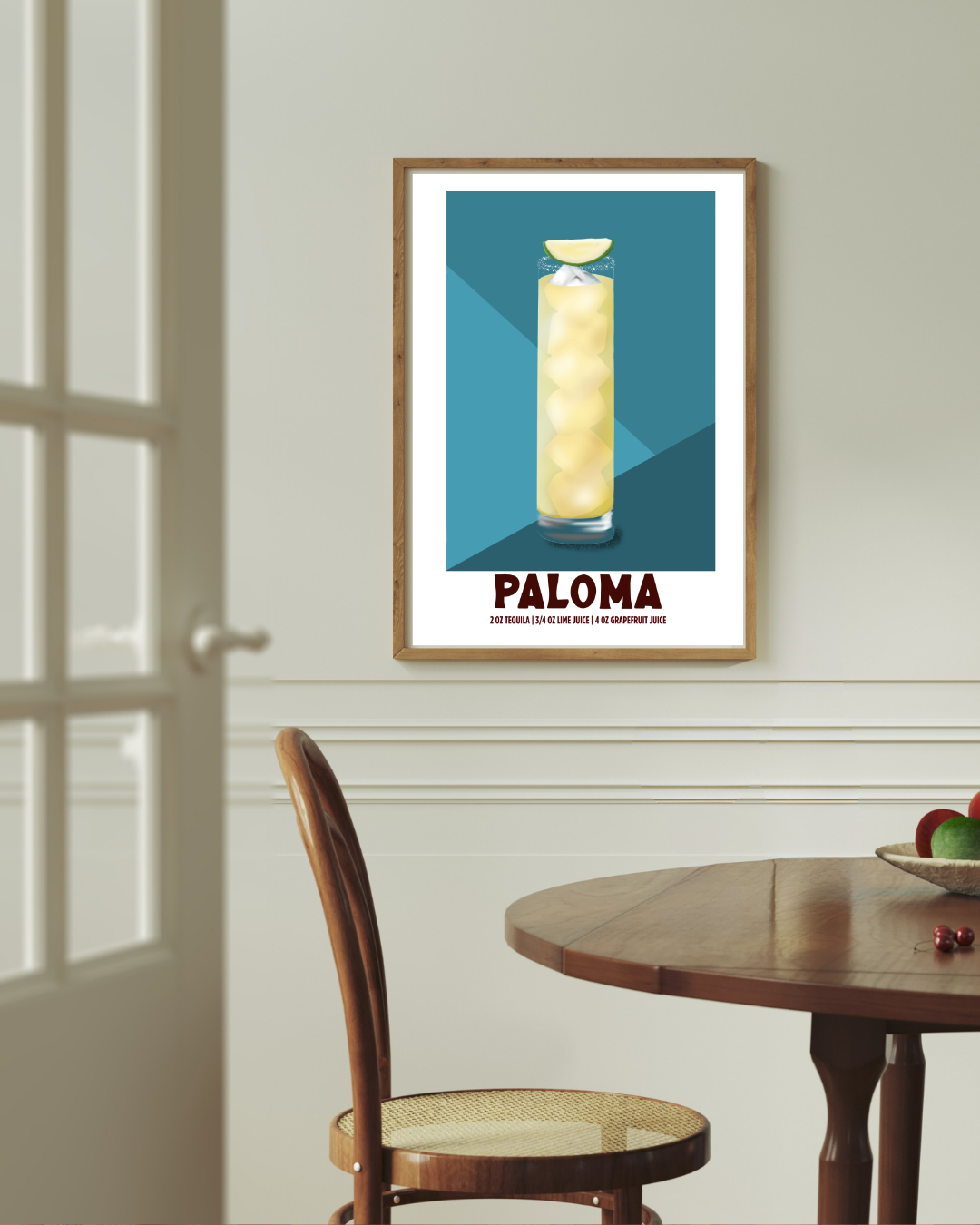 Paloma cocktail art print styled above a dining room table