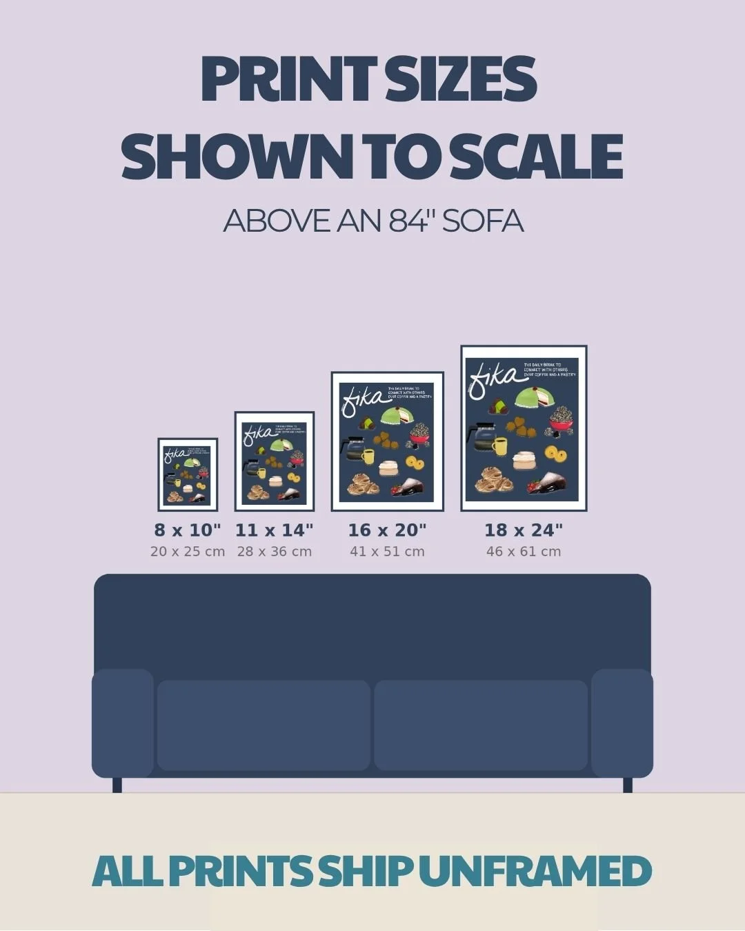 t	Size comparison chart for fika prints: 8x10, 11x14, 16x20, 18x24