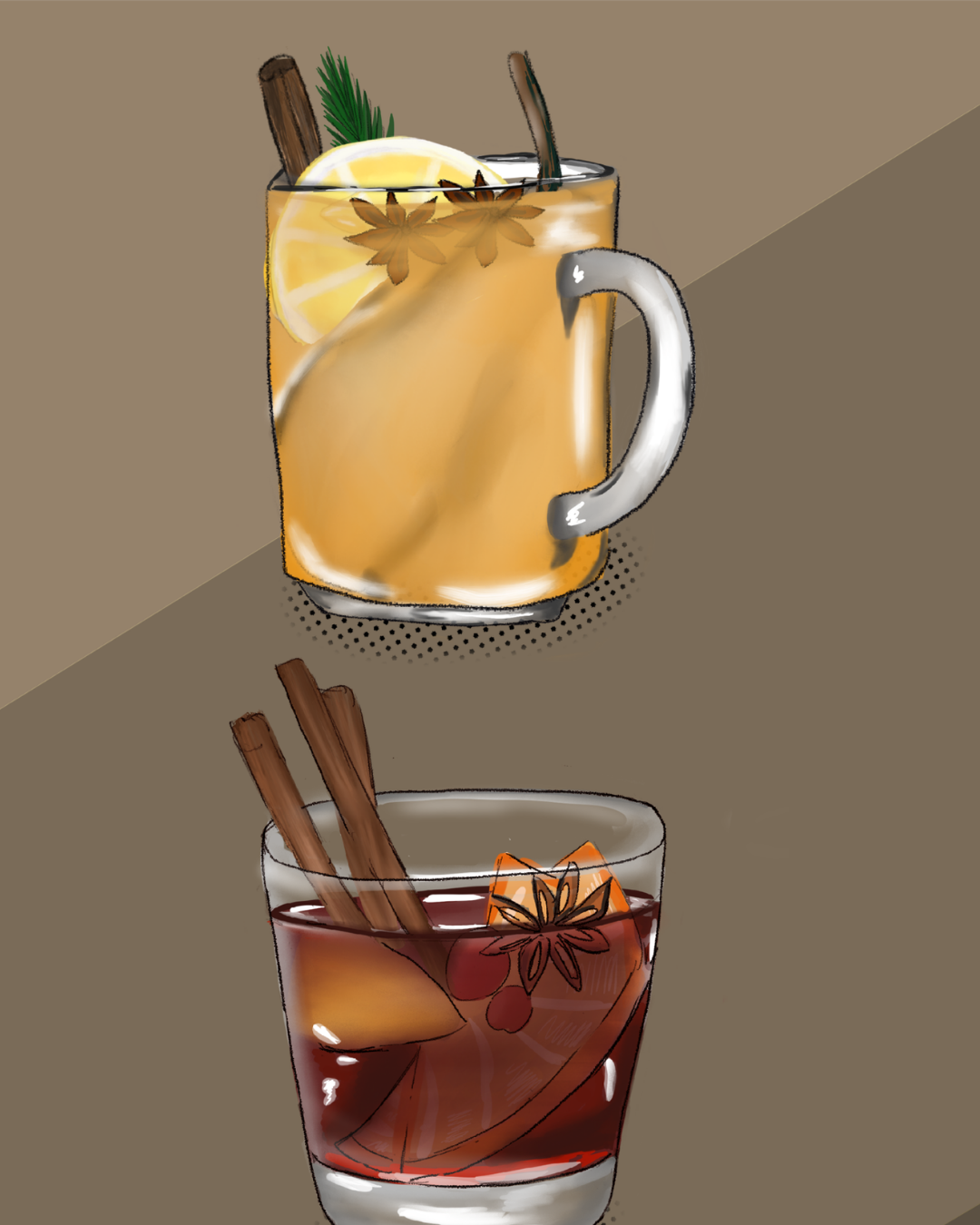 Close-up detail of the hand-illustrated hot toddy and mulled wine glasses and assorted garnishes