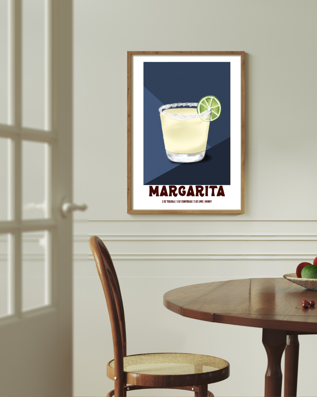 Margarita cocktail art print styled above a dining room table