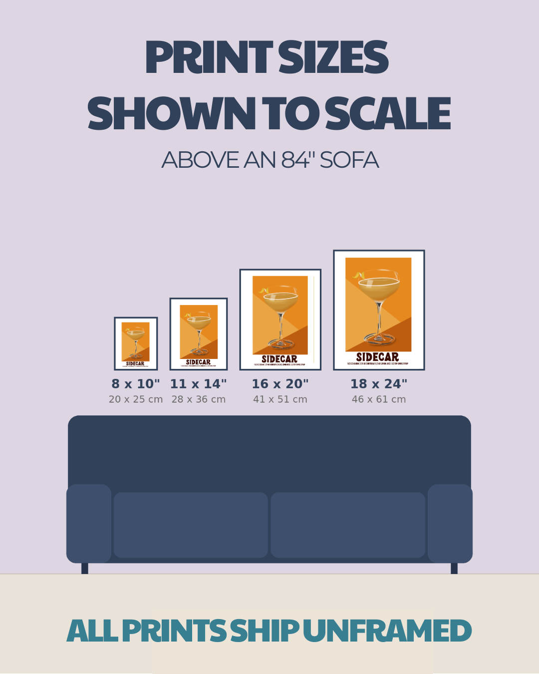 Size comparison chart for cocktail prints: 8x10, 11x14, 16x20, 18x24