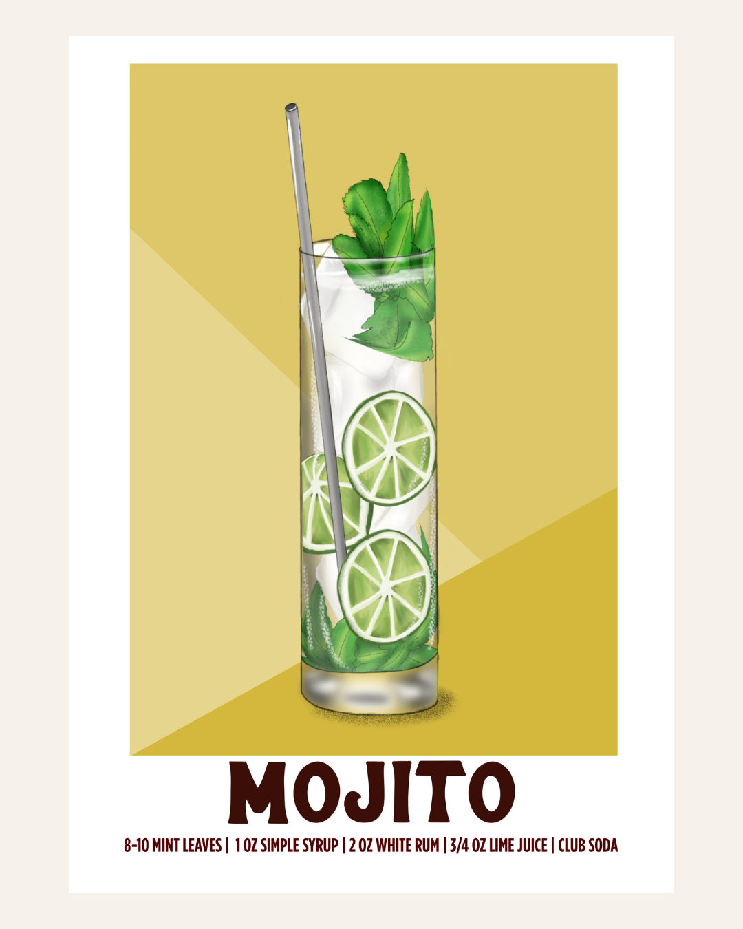 Mojito cocktail poster illustration with recipe, yellow background