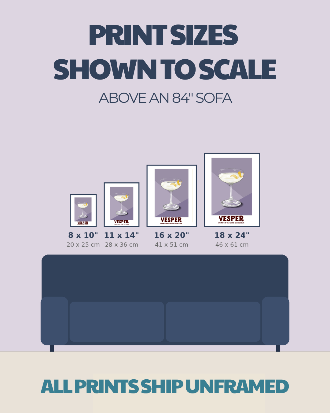 Size comparison chart for cocktail prints: 8x10, 11x14, 16x20, 18x24