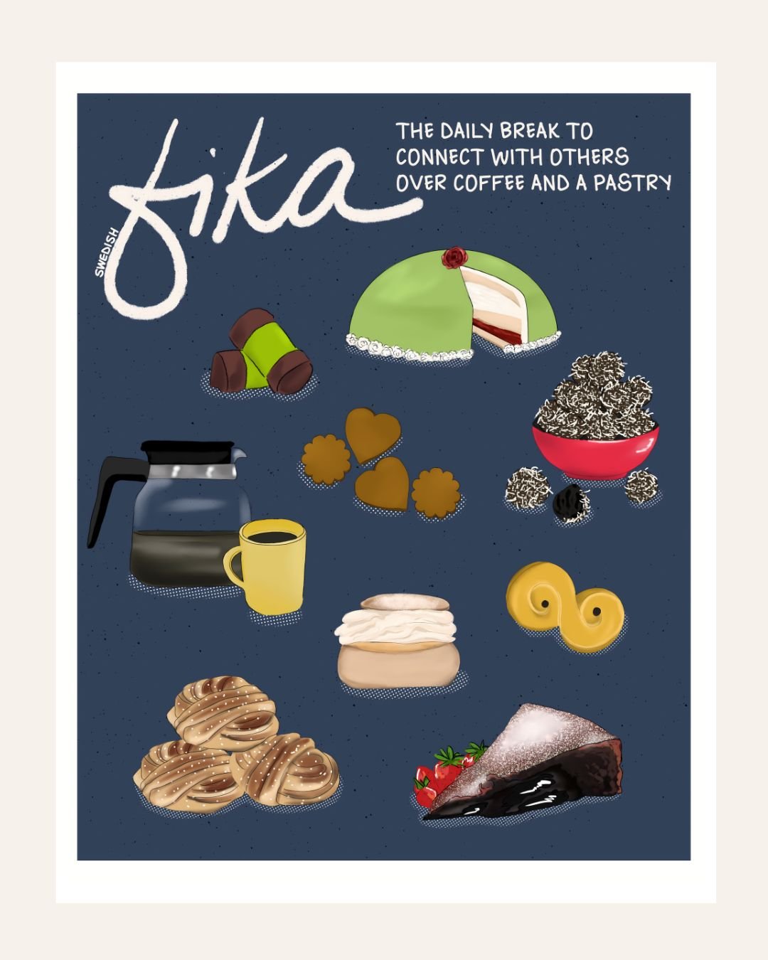 Swedish fika poster with illustrated pastries and coffee on a deep navy background